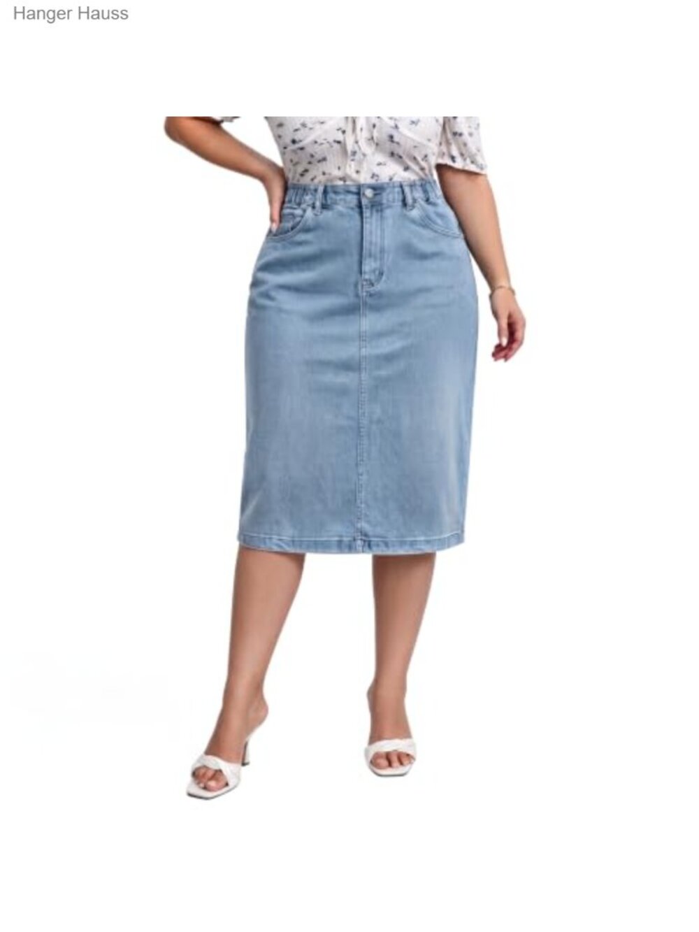 Plus Size Denim Midi Skirt High Waisted Stretch Jean Pencil Skirt